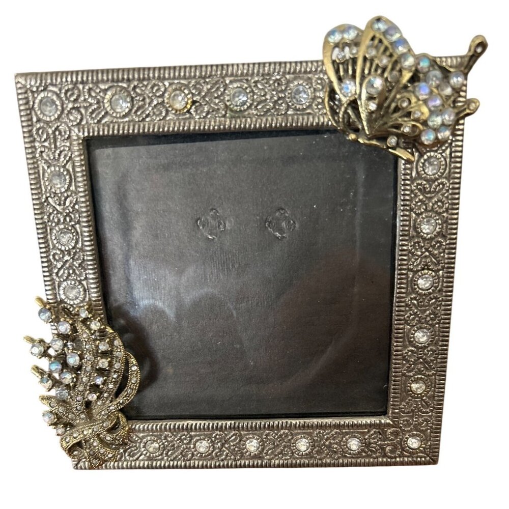 Vintage Ornate Silver Tone Rhinestone Butterfly Adorned Metal Photo Frame
